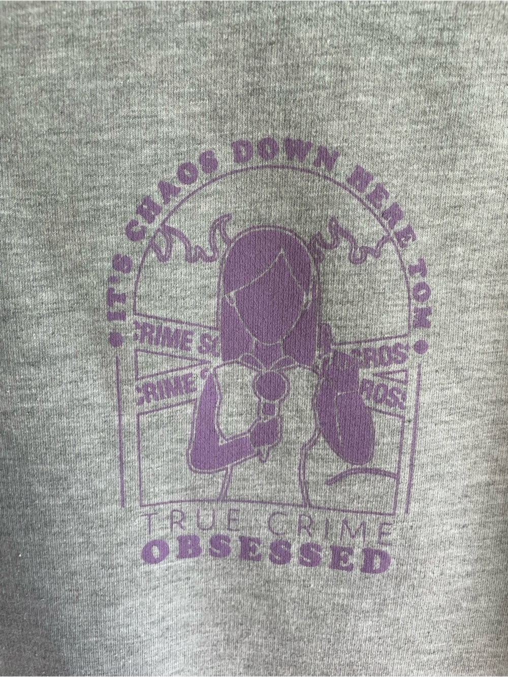 Official True Crime Obsessed Podcast Grey Crewneck Sweatshirt with Lilac Graphic - Picture 3 of 5